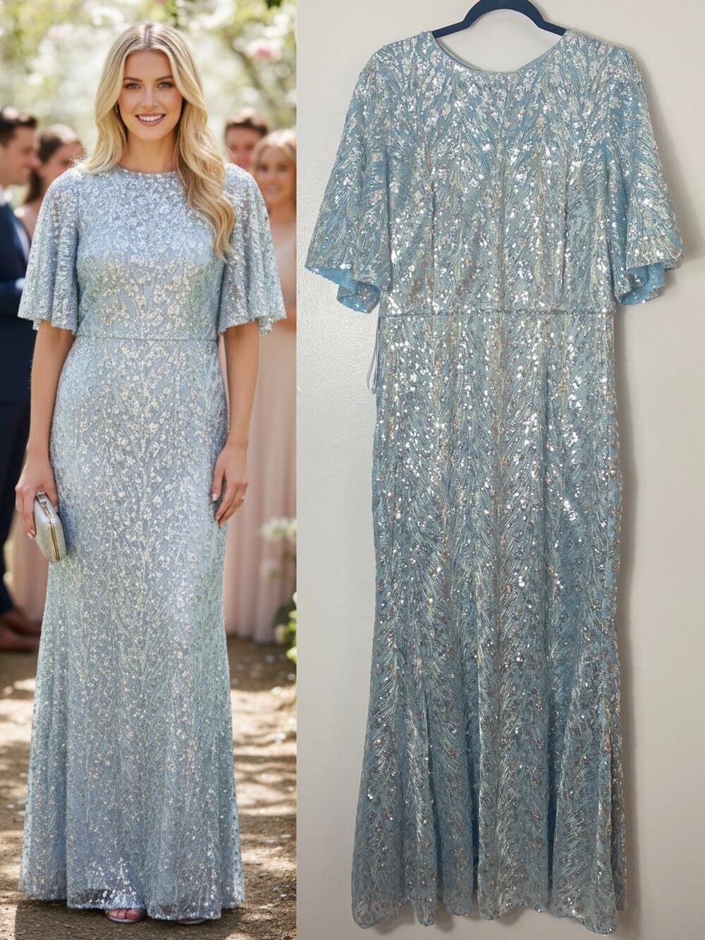 JS Collections Blue Sequin Beaded Dress Wedding Guest Mother of the Bride Gown